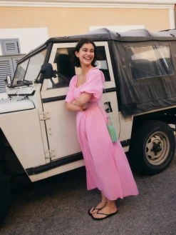 Next Puff Sleeve Midi Dress Pink Hot