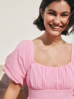 Next Puff Sleeve Midi Dress Pink Hot