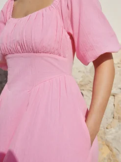 Next Puff Sleeve Midi Dress Pink Hot