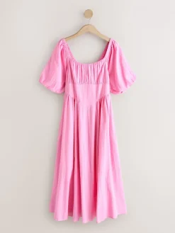 Next Puff Sleeve Midi Dress Pink Hot