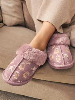 Next Pink Suede Mule Charlie Cockapoo Faux Fur Slippers New