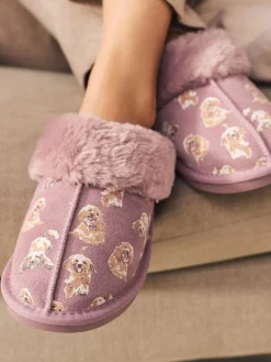 Next Pink Suede Mule Charlie Cockapoo Faux Fur Slippers New