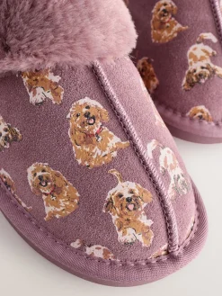 Next Pink Suede Mule Charlie Cockapoo Faux Fur Slippers New