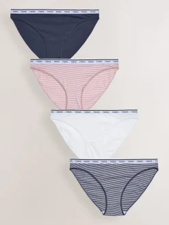Next Pink/Blue Stripe High Leg Cotton Logo Knickers 4 Pack Sale