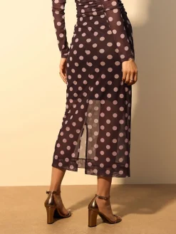 Next Mesh Midi Pencil Skirt Pink/Brown Polka Dot Hot