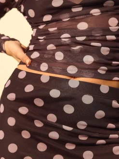 Next Mesh Midi Pencil Skirt Pink/Brown Polka Dot Hot