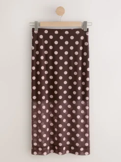 Next Mesh Midi Pencil Skirt Pink/Brown Polka Dot Hot