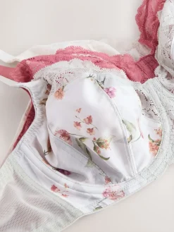 Next DD+ Non Pad Full Cup Bras 3 Pack Pink/Cream/Green Floral Sale