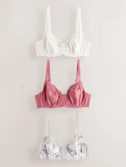 Next DD+ Non Pad Full Cup Bras 3 Pack Pink/Cream/Green Floral Sale