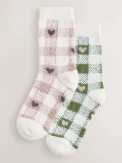 Next Pink/Green Heart Gingham Superhairy Cosy Socks 2 Pack Hot