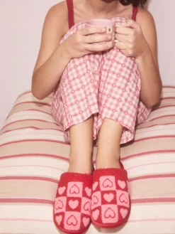 Next Pink/Red Borg Mule Check Heart Slippers Hot