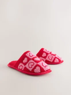 Next Pink/Red Borg Mule Check Heart Slippers Hot