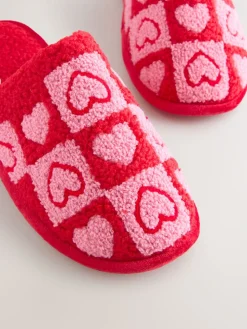 Next Pink/Red Borg Mule Check Heart Slippers Hot