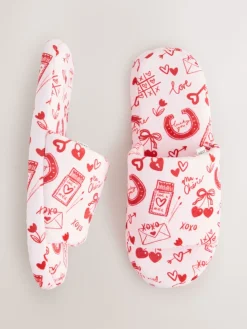 Next Pink/Red Heart Plush Slider Slippers Clearance