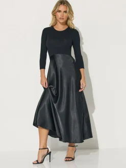 PixieGirl Petite Long Sleeve Mixed Satin Skirt Maxi Dress Black Hot