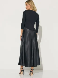 PixieGirl Petite Long Sleeve Mixed Satin Skirt Maxi Dress Black Hot