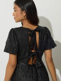 PixieGirl Petite Black Tie Back Sequin Midi Dress