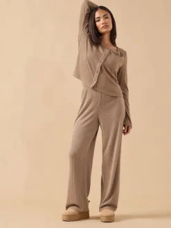 PixieGirl Petite Ribbed Wide Leg Joggers Brown