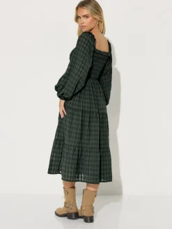 PixieGirl Petite Green Crinkle Check Long Sleeve Dress Clearance