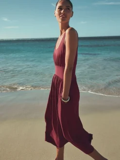 Next Jersey Waisted Summer Midi Dress Plum Purple Outlet