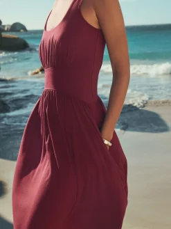 Next Jersey Waisted Summer Midi Dress Plum Purple Outlet