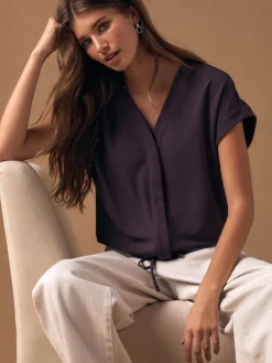 Next V-Neck Short Sleeved Tie Waist Top Plum Purple New