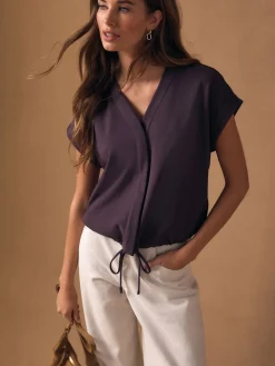 Next V-Neck Short Sleeved Tie Waist Top Plum Purple New