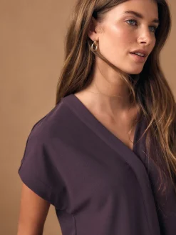 Next V-Neck Short Sleeved Tie Waist Top Plum Purple New