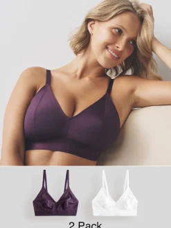 Next Bralette DD+ Ultimate Comfort Non Wire Bralettes 2 Pack Plum Purple/White New