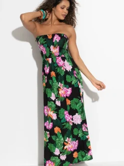 Pour Moi Black Floral Strapless Shirred Bodice Woven Maxi Beach Dress Sale