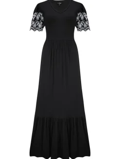 Pour Moi Black Nova Broderie Sleeve Crepe Jersey Midaxi Dress Outlet