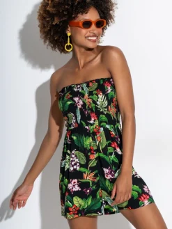 Pour Moi Strapless Shirred Bodice Woven Beach Playsuit Black