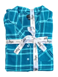 Pour Moi Cosy Check Brushed Cotton Pyjamas Gift Set Blue Outlet