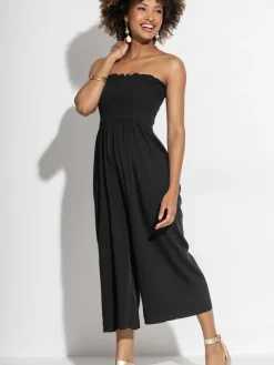 Pour Moi Dark Black Strapless Shirred Bodice Crop Leg Beach Jumpsuit Outlet