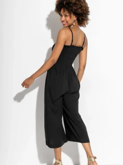 Pour Moi Dark Black Strapless Shirred Bodice Crop Leg Beach Jumpsuit Outlet