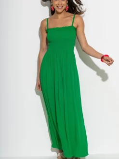 Pour Moi Green Strapless Shirred Bodice Woven Maxi Beach Dress Discount