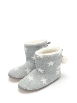 Pour Moi Grey Star Knit Faux Fur Lined Bootie Slippers Discount