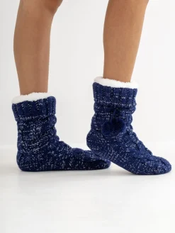 Pour Moi Navy Cosy Cable Knit Lined Slipper Sock Discount