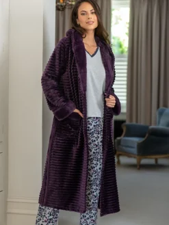 Pour Moi Cosy Ribbed Fleece Midi Hooded Dressing Gown Purple Best
