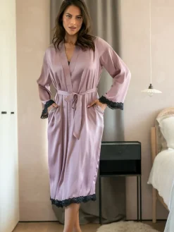 Pour Moi Dusk Satin and Lace Kimono Sleeve Dressing Gown Purple Best