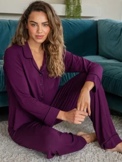 Pour Moi Jersey Button Through Cuban Collar Pyjamas Set Purple Sale