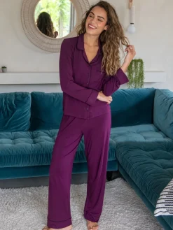 Pour Moi Jersey Button Through Cuban Collar Pyjamas Set Purple Sale