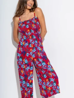 Pour Moi Red Strapless Shirred Bodice Crop Leg Beach Jumpsuit
