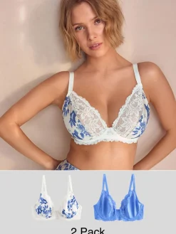 Next Print/Plain DD+ Non Pad Plunge Microfibre & Lace 2 Pack Bras Discount