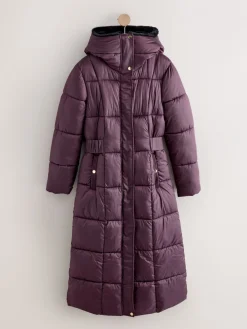 Next Shower Resistant Padded Longline Coat Purple Clearance