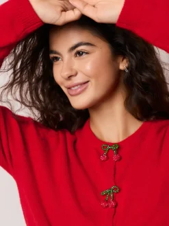 Next Red Cherry Buttons Crew Neck Knitted Cardigan With Wool Hot