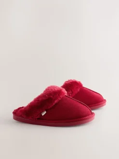 Next Red Faux Fur Lined Suede Mule Slippers Outlet