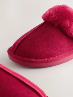 Next Red Faux Fur Lined Suede Mule Slippers Outlet