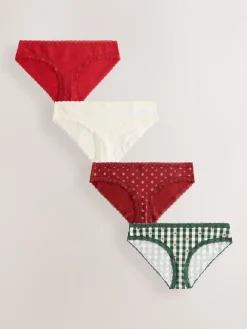 Next Red Heart/Green Check Bikini Cotton Lace Knickers 4 Pack