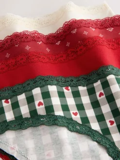 Next Red Heart/Green Check Bikini Cotton Lace Knickers 4 Pack